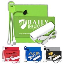 a group of chargebank mobile tech power bank accessory kit with charging cables and microfiber cloth in microfiber cinch pack components inserted into microfiber kit