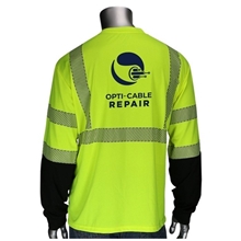 aerial view a yellow class 3 long sleeve black bottom front t - shirt, image 1 of 5