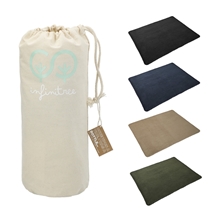 aerial view a group of 100 recycled pet fleece blanket with rpet pouch, image 1 of 3