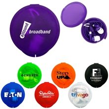 aerial view a group of ear buds with traveler case (round), image 1 of 2