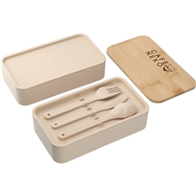 aerial view a beige stackable bamboo fiber bento box, image 1 of 8