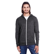 aerial view a black triblend threadfast apparel unisex triblend full - zip light hoodie, image 1 of 5