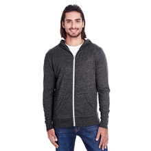 aerial view a black triblend threadfast apparel unisex triblend full - zip light hoodie, image 1 of 2