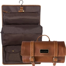 aerial view a group of buffalo mountain leather travel kit bag, image 1 of 2