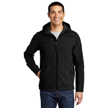 aerial view a black port authority(r) hooded core soft shell jacket, image 1 of 8