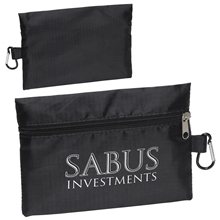 aerial view a black zippered ripstop utility bag with carabiner, image 1 of 2