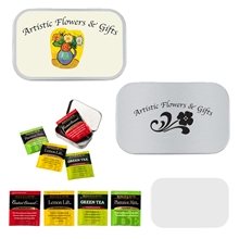 aerial view a group of small tin box with assorted tea bags, image 1 of 2