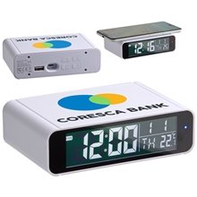aerial view a white twilight digital alarm clock with 5w wireless charger, image 1 of 3