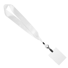 aerial view a white promotional 1 1/2 dye - sublimated satin ribbon lanyard with 3 x 4 id badge - imprint, image 1 of 2