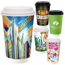 aerial view a group of 16 oz full color paper cup with lid, image 1 of 2