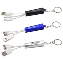 aerial view a group of trey 3- in -1 light - up charging cable with keychain, image 1 of 2