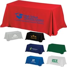 aerial view a group of zenyatta eight 4- sided throw style table covers table throws (spot color print) / fits 8 ft table, image 1 of 2