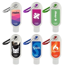 aerial view a group of 1.9 oz spf 30 sunscreen in clear bottle with carabiner, image 1 of 3
