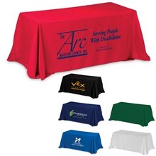 aerial view a group of fits 8 ft table 3- sided economy table cover throws (spot color print), image 1 of 2