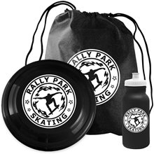 aerial view a group of 3pc picnic fun kit with flyer, sports bottle drawstring bag, image 1 of 6