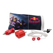 aerial view a group of phone accessory travel tech bag kit, image 1 of 24