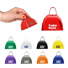 a group of festive metal cowbell with handle