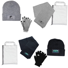 aerial view a group of 3 piece knit set with knit hat, knit scarf, and gloves, image 1 of 5