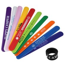 a group of custom silicone slap bracelets