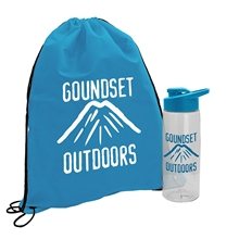 aerial view a group of drawstring backpack and bottle combo kit, image 1 of 18