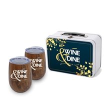 aerial view a group of retro lunchbox + double 10 oz stemless wood tone wine glass in vacuum formed insert, image 1 of 5