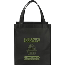 aerial view a black double laminated wipeable grocery tote, image 1 of 7