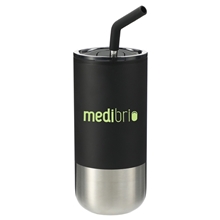 aerial view a black lagom insulated 16oz stainless steel tumbler with straw, image 1 of 6