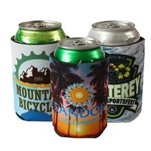 a group of sublimated foam can cooler sleeve