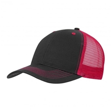 a black/red color accent mesh snapback cap