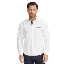 aerial view a white mens untuckit las cases special wrinkle - free long sleeve button up shirt, image 1 of 5