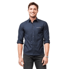aerial view a navy mens untuckit castello wrinkle - free long sleeve button up shirt, image 1 of 5