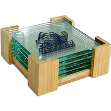 a clear square glass coasters 5 piece set with wood stand