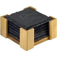 aerial view a charcoal grey 6 pc. slate coaster set with wood stand, image 1 of 2