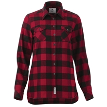 aerial view a dark red/black (372) womens sprucelake roots73 long sleeve button up flannel shirt, image 1 of 4