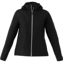 aerial view a black (995) womens flint lightweight water resistant jacket with hood, image 1 of 5