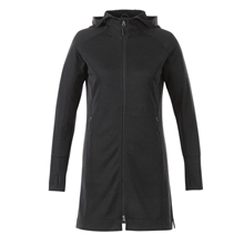 aerial view a black (995) womens odell performance knit tunic length full zip hoodie with thumb holes, image 1 of 2