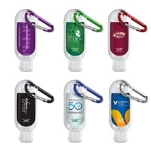 a group of 1.9 oz clear sanitizer in clear bottle with carabiner