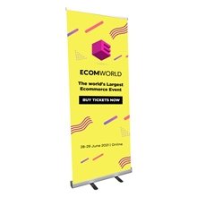 aerial view a group of 33 retractable polypropylene banner with stand, image 1 of 6