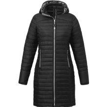 aerial view a black (995) womens silverton long lightweight packable insulated puff jacket, image 1 of 4
