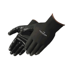 aerial view a group of ultra - thin nitrile palm coated knit gloves, image 1 of 2