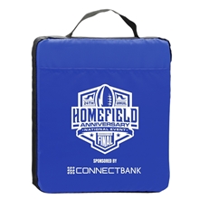 aerial view a royal blue 13.5 fabric stadium seat cushion with pocket, image 1 of 2