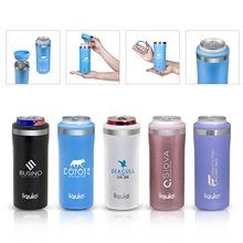 aerial view a group of liquid fusion(r) 12 oz double wall, stainless steel skinny can cooler, image 1 of 3