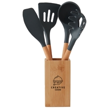 aerial view a natural bamboo 5- piece bamboo silicone utensil set, image 1 of 6