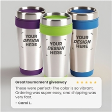 aerial view a group of 16 oz bpa - free plastic blue monday steel tumbler with color trim - 16 oz., image 1 of 5
