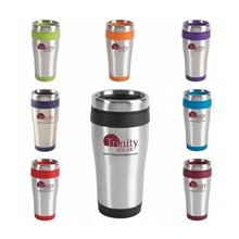 aerial view a group of 16 oz bpa - free plastic blue monday steel tumbler with color trim - 16 oz., image 1 of 5