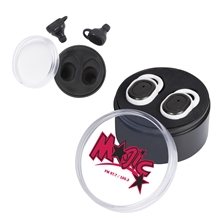 aerial view a group of wireless in - ear buds in round case, image 1 of 2