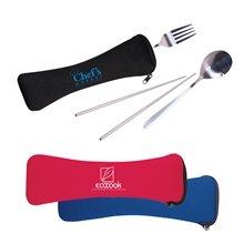 a group of travel cutlery set in zip pouch