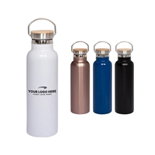 aerial view a group of 20 oz vacuum insulated water bottle with bamboo lid, image 1 of 4