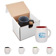aerial view a group of 14 oz morning show ceramic barrel mug in mailer, image 1 of 2