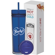 aerial view a blue (close to pms 072) 16 oz tube tumbler hot cold gift set, image 1 of 2